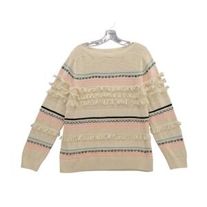 LOFT‎ Fringe Striped Sweater Knit Pullover Cotton Long Sleeve Cream Pink Blue L